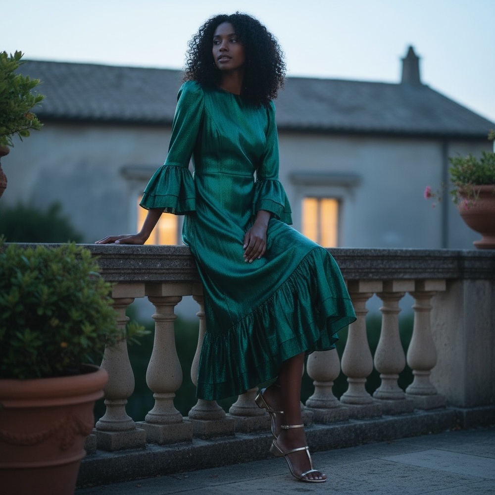 Pomander Place | NEW Emerald Crinkle Lurex Lillith Maxi Dress Size M